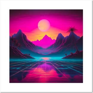 Vaporwave Retrowave Synthwave Vintage Sunset Palm Trees Ocean Mountains Posters and Art
